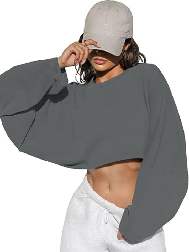 Damen cropped Sweatshirt mit voluminösen Ärmeln und lässigem Schnitt Drune