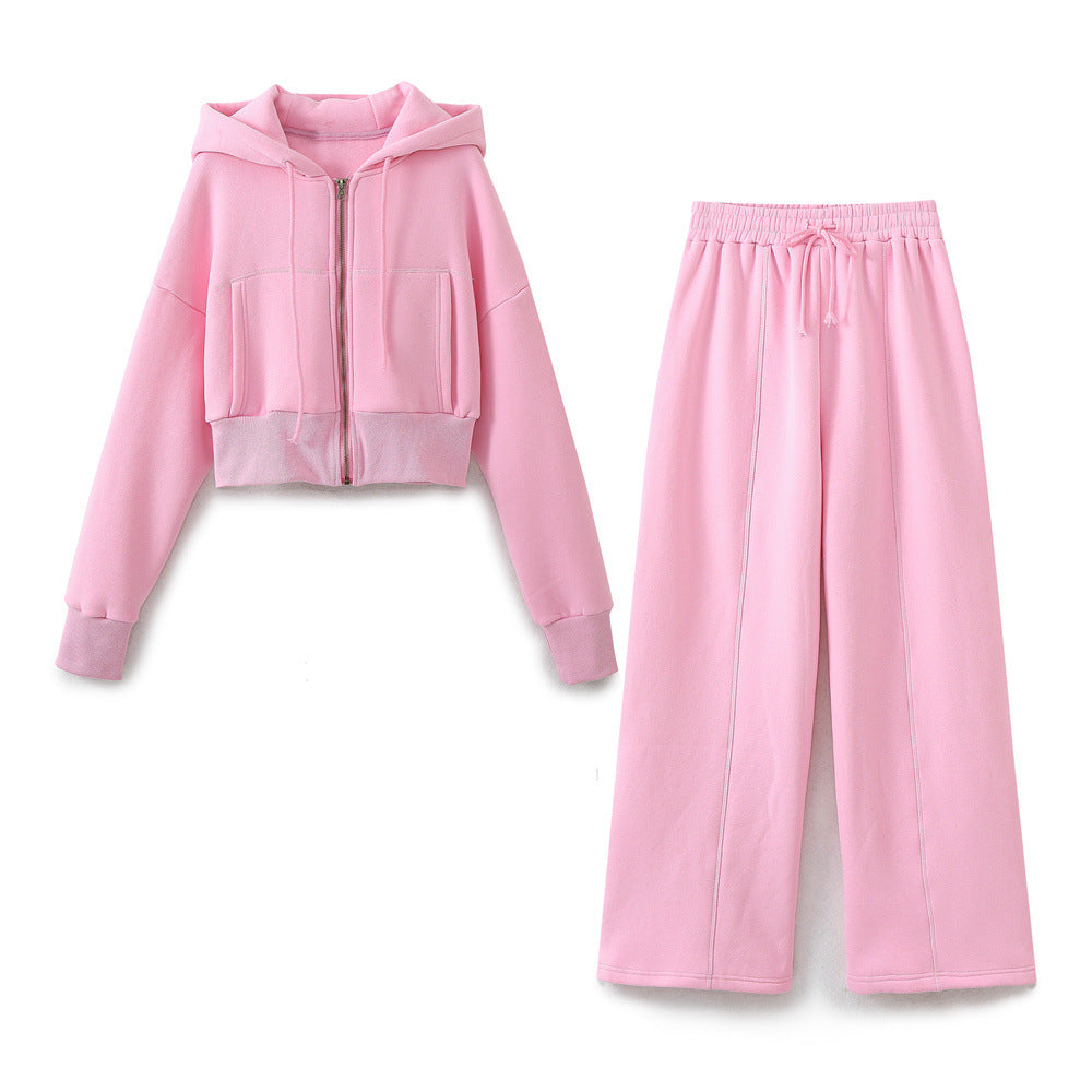 Damen modisches cropped Kapuzenjacken- und Jogginghose-Set Drune