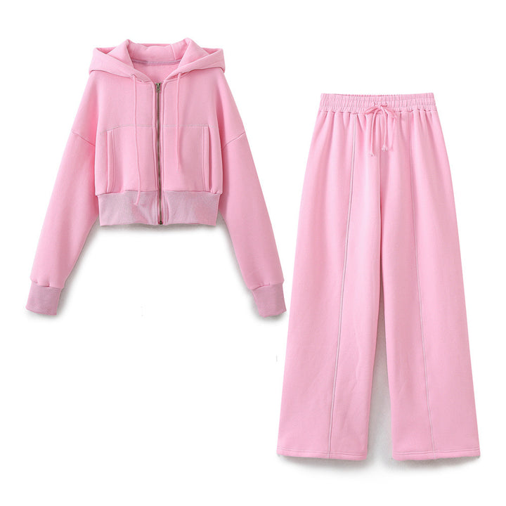Damen modisches cropped Kapuzenjacken- und Jogginghose-Set Drune