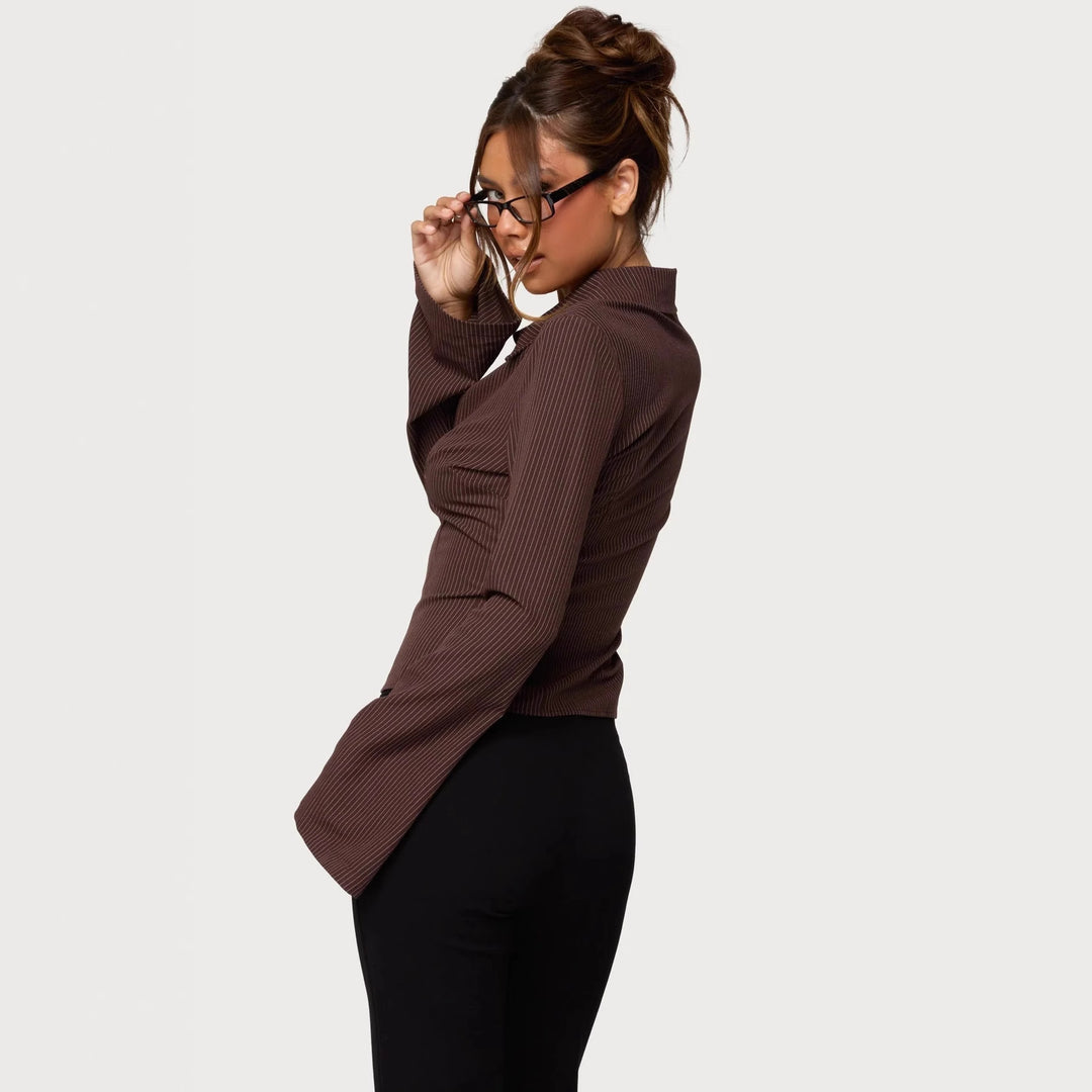 Damen Ripp-Optik Bluse mit elegantem Kragen und schmalem Schnitt Drune