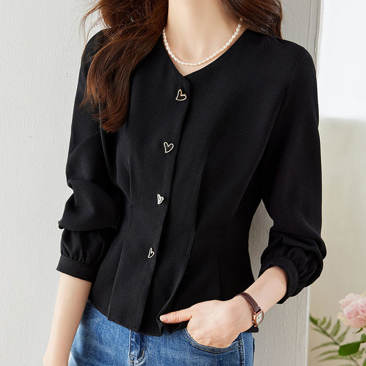 Damen elegante Bluse mit herzförmigen Knopfdetails und voluminösen Ärmeln Drune