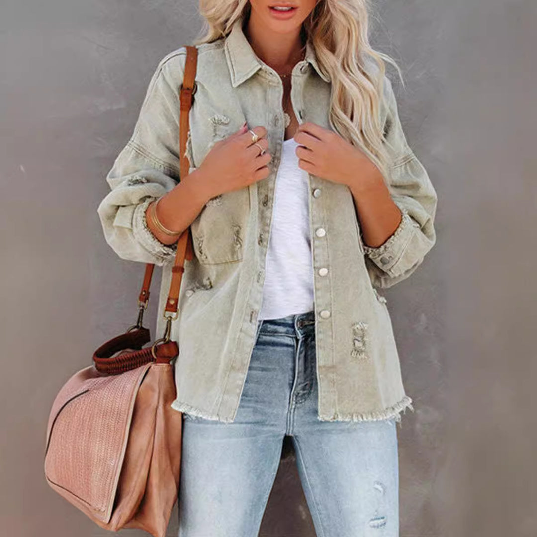 Damen lässige Oversized Jeansjacke mit fransigen Details Drune