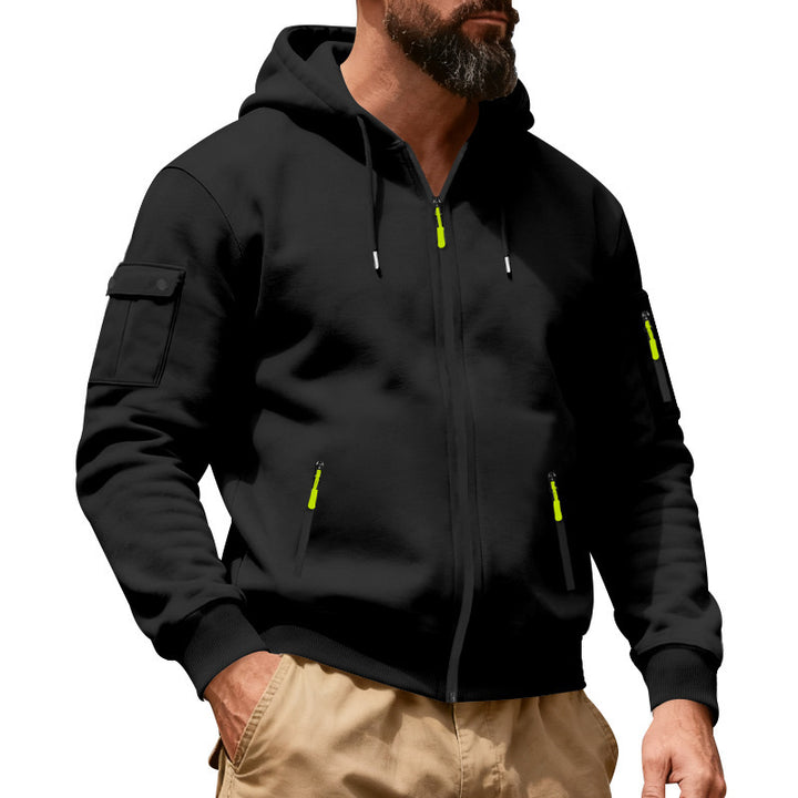 Herren nan Utility-Kapuzenjacke mit durchgehendem Reißverschluss, Arm-Cargo-Taschen und elastischen Bündchen Drune