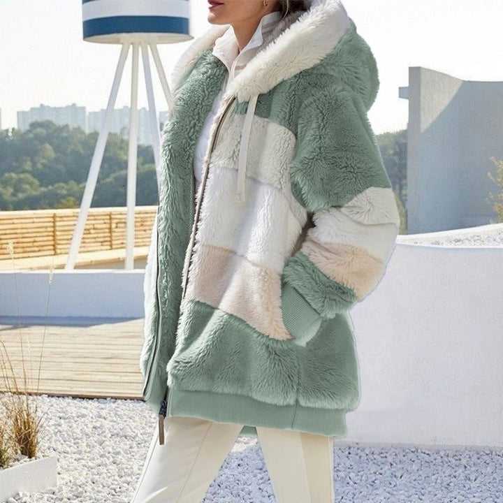 Damen nan Oversize Teddyfell-Kapuzenjacke mit Farbblock-Streifen, hochwertigem Reißverschluss und gerippten Bündchen Drune