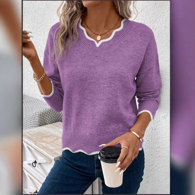 Damen legerer V-Ausschnitt Pullover mit gezacktem Saum Drune