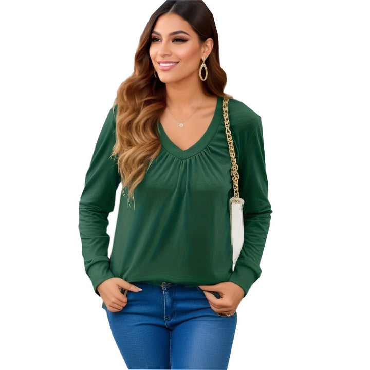 Damen V-Ausschnitt Langarmshirt mit geschmackvollem Faltenwurf und lässiger Passform Drune