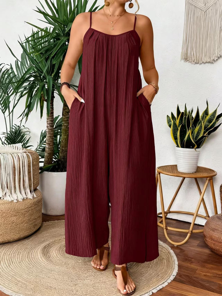 Damen luftiger Jumpsuit mit schmalen Spaghettiträgern und seitlichen Taschen Drune