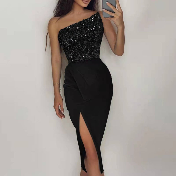 Drune | Funkelndes Ein-Schulter A-Linien-Kleid