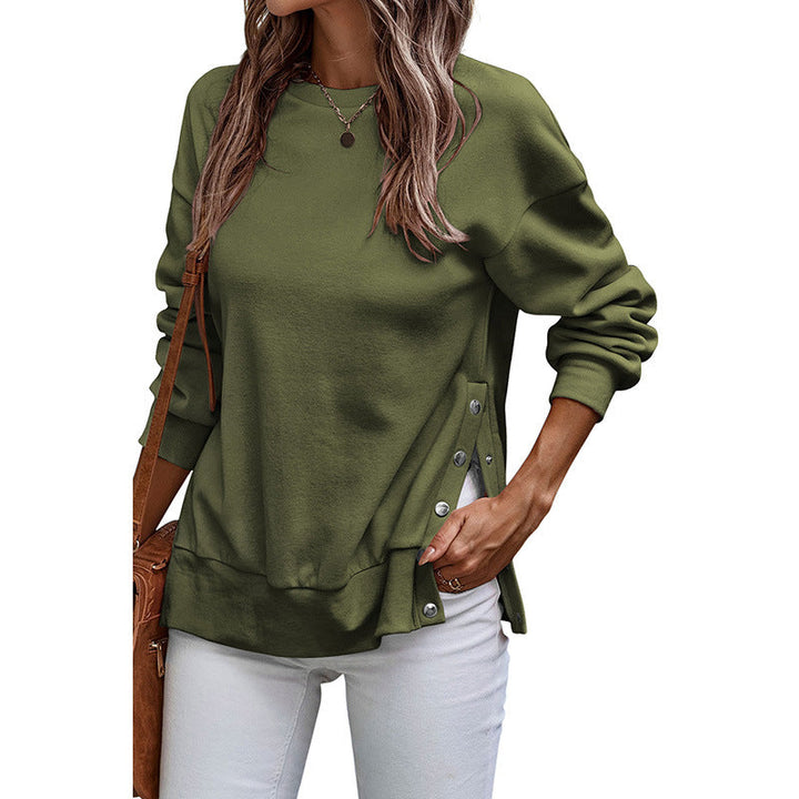 Drune | Pullover Sweatshirt - Lockere Passform - Tunika-Länge - Seitliche Knopfschlitze - Gestrickte Langarm