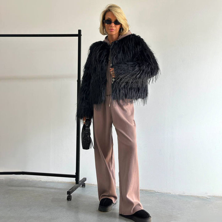 Damen Modischer Pelzimitat-Jacke mit breiten Ärmeln und lässigem Schnitt Drune