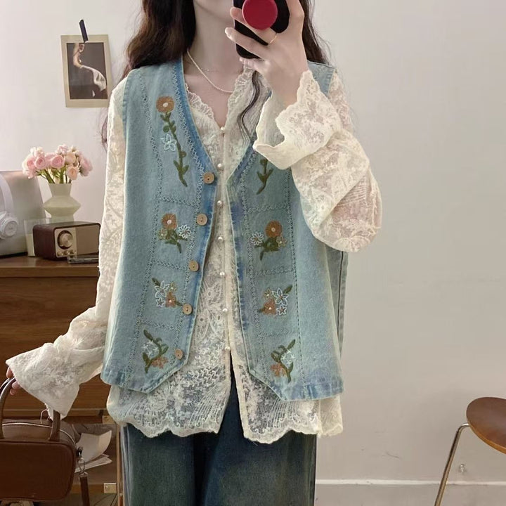 Damen Denim-Weste mit floralem Stickdesign Drune