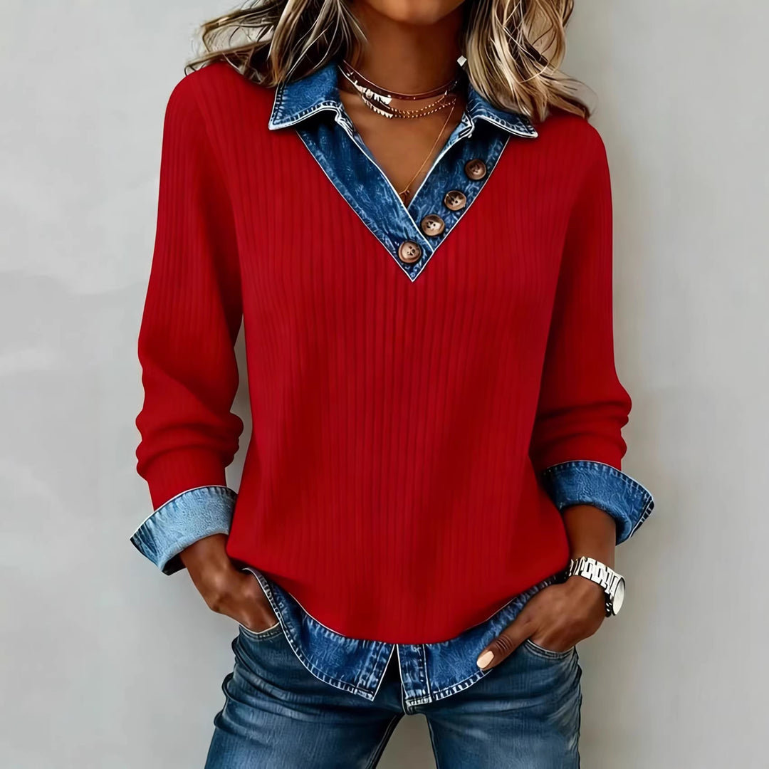 Damen Elegantes Strickshirt mit Jeanskragen und Knopfdetails Drune