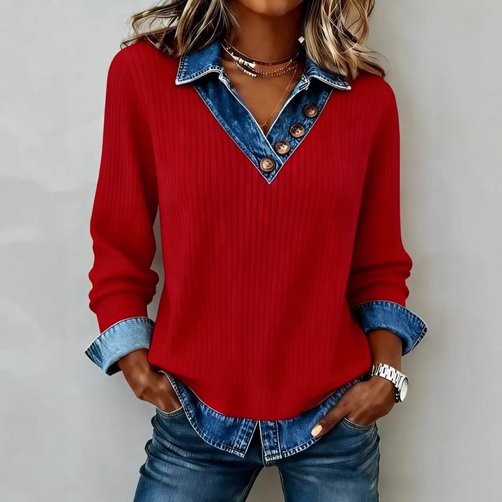 Damen Elegantes Strickshirt mit Jeanskragen und Knopfdetails Drune