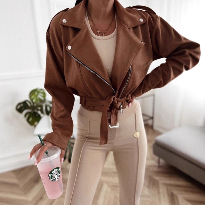 Damen Lässige Übergangsjacke im Biker-Stil mit Taillengürtel Drune
