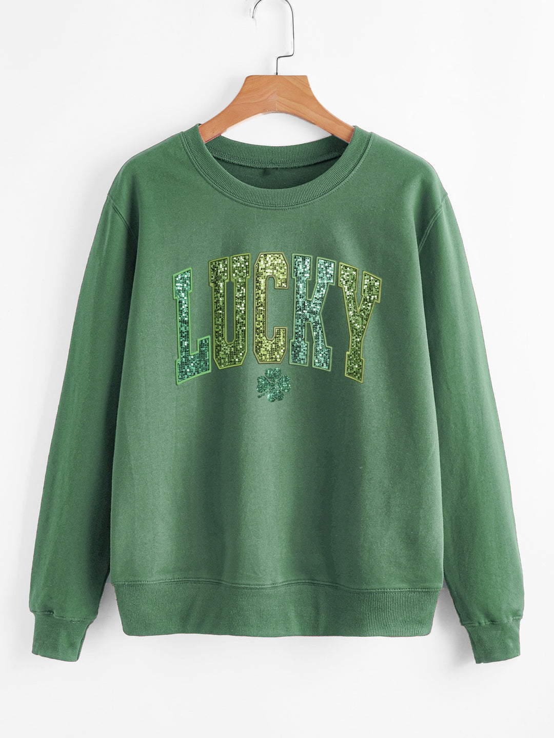 Damen lässiger Sweatshirt mit glitzerndem Schriftzug und Kleeblattmotiv Drune