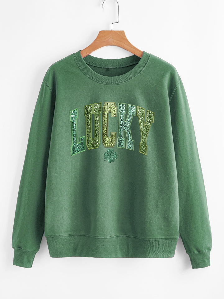 Damen lässiger Sweatshirt mit glitzerndem Schriftzug und Kleeblattmotiv Drune