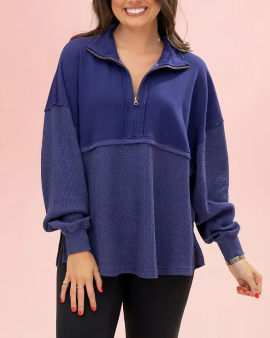 Damen lässiger Pullover mit halbem Reißverschluss und voluminösen Ärmeln Drune