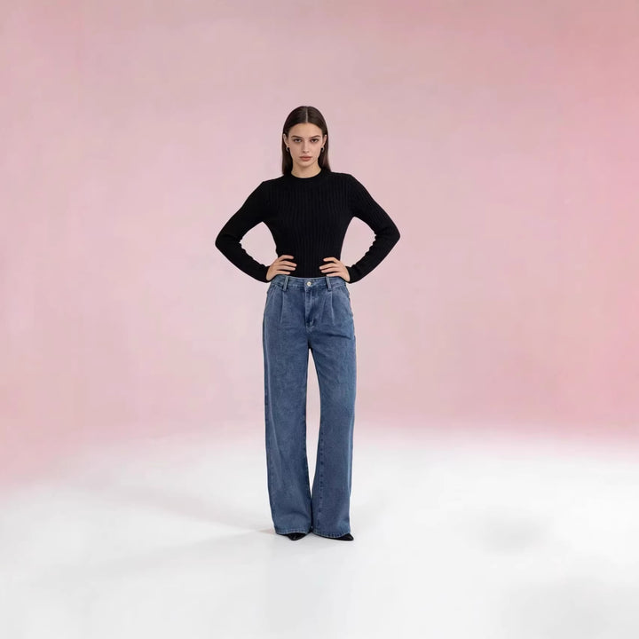 Damen nan hochgeschnittene Bundfalten-Weitbein-Jeans mit hohem Bund und Gürtelschlaufen Drune