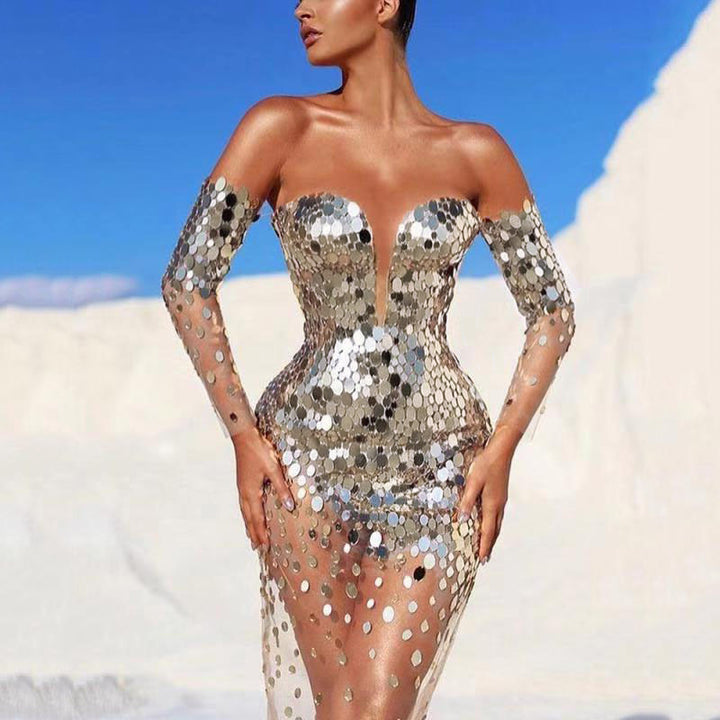 Damen Glamouröses Partykleid mit Pailletten und tiefem Ausschnitt Drune