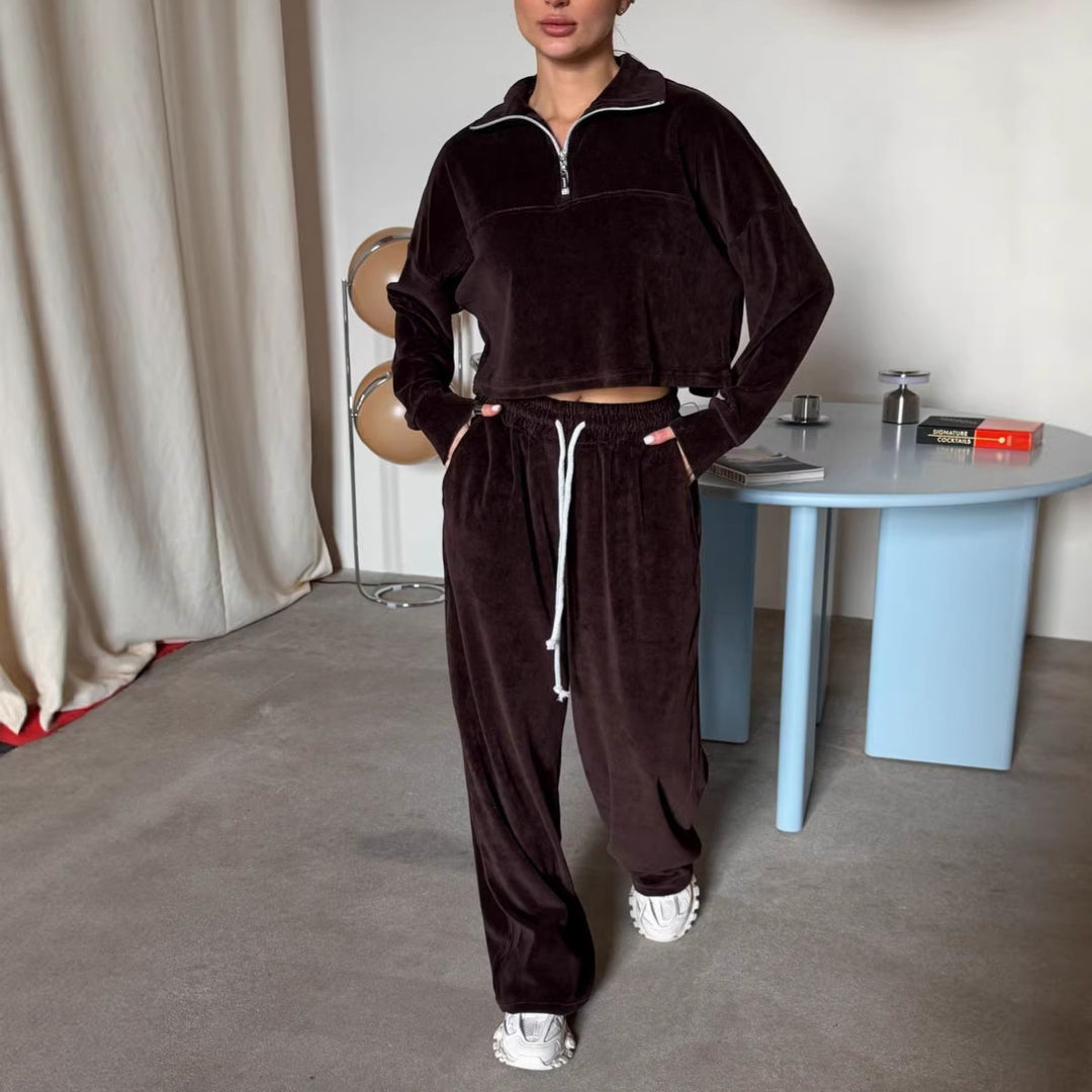 Damen cropped Sweatshirt mit halbem Reißverschluss und weiten Hosen Drune