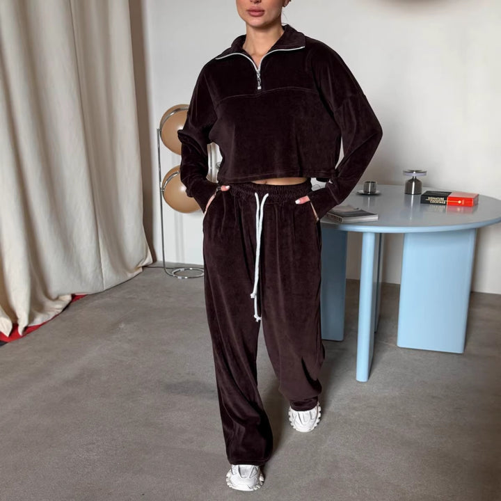 Damen cropped Sweatshirt mit halbem Reißverschluss und weiten Hosen Drune