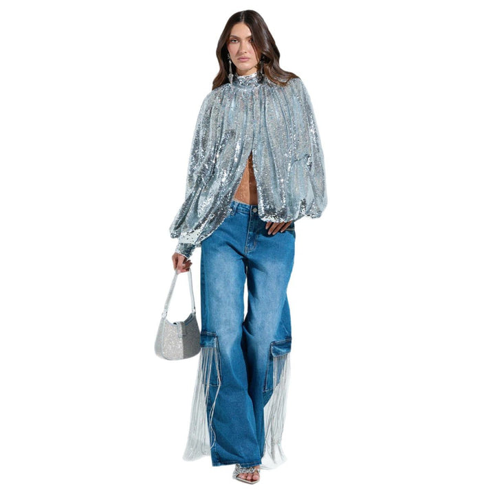 Damen Cargo-Jeans mit Glitzerfransen und tiefen Seitentaschen Drune