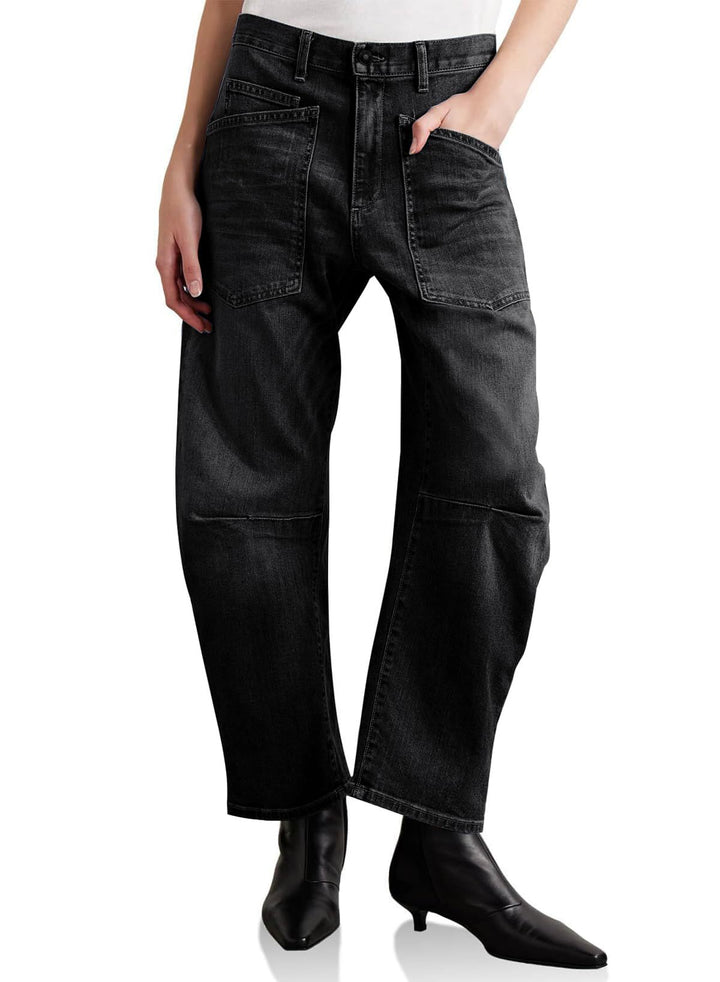 Damen nan lässige Canvas-Hose mit hohem Bund, weitem Bein und aufgesetzten Taschen Drune