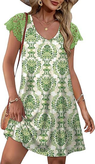 Damen Sommerkleid mit eleganten Spitzenärmeln und floralem Muster Drune