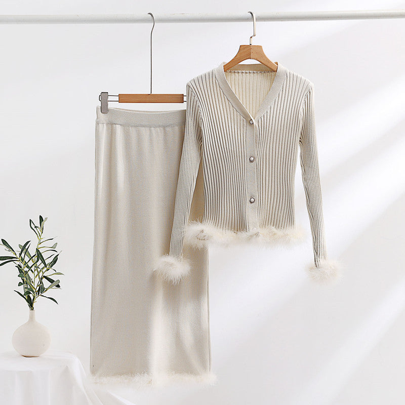 Damen Strickensemble mit feinem Fellbesatz Drune