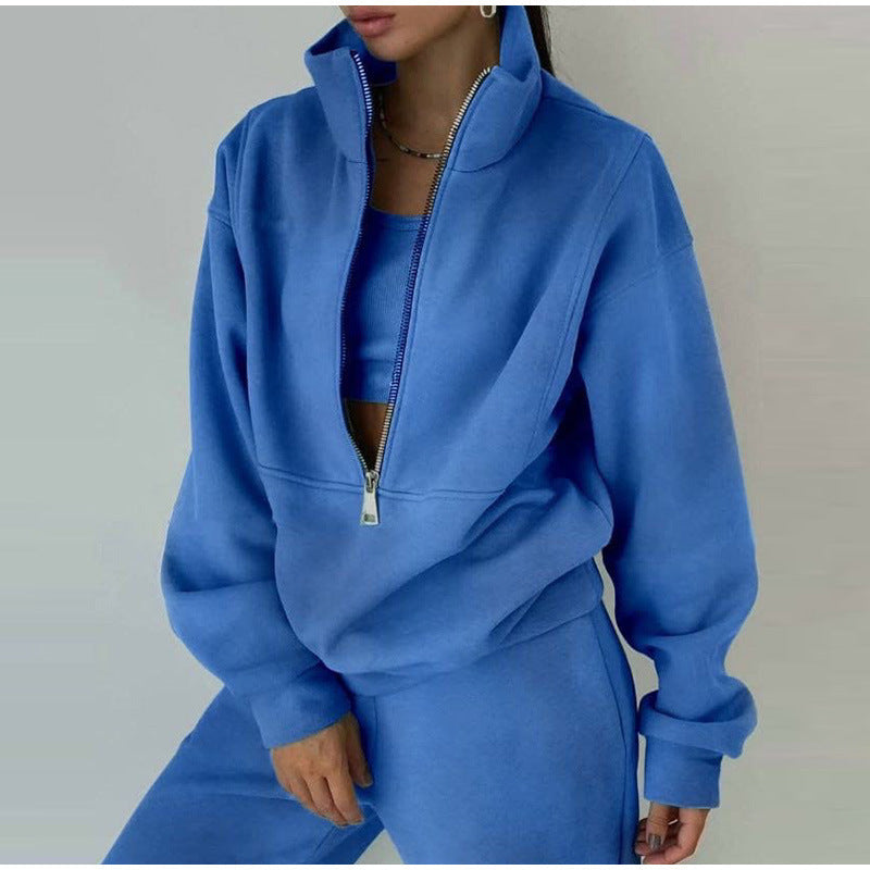 Damen lässiger Zip-Pullover mit hohem Kragen Drune