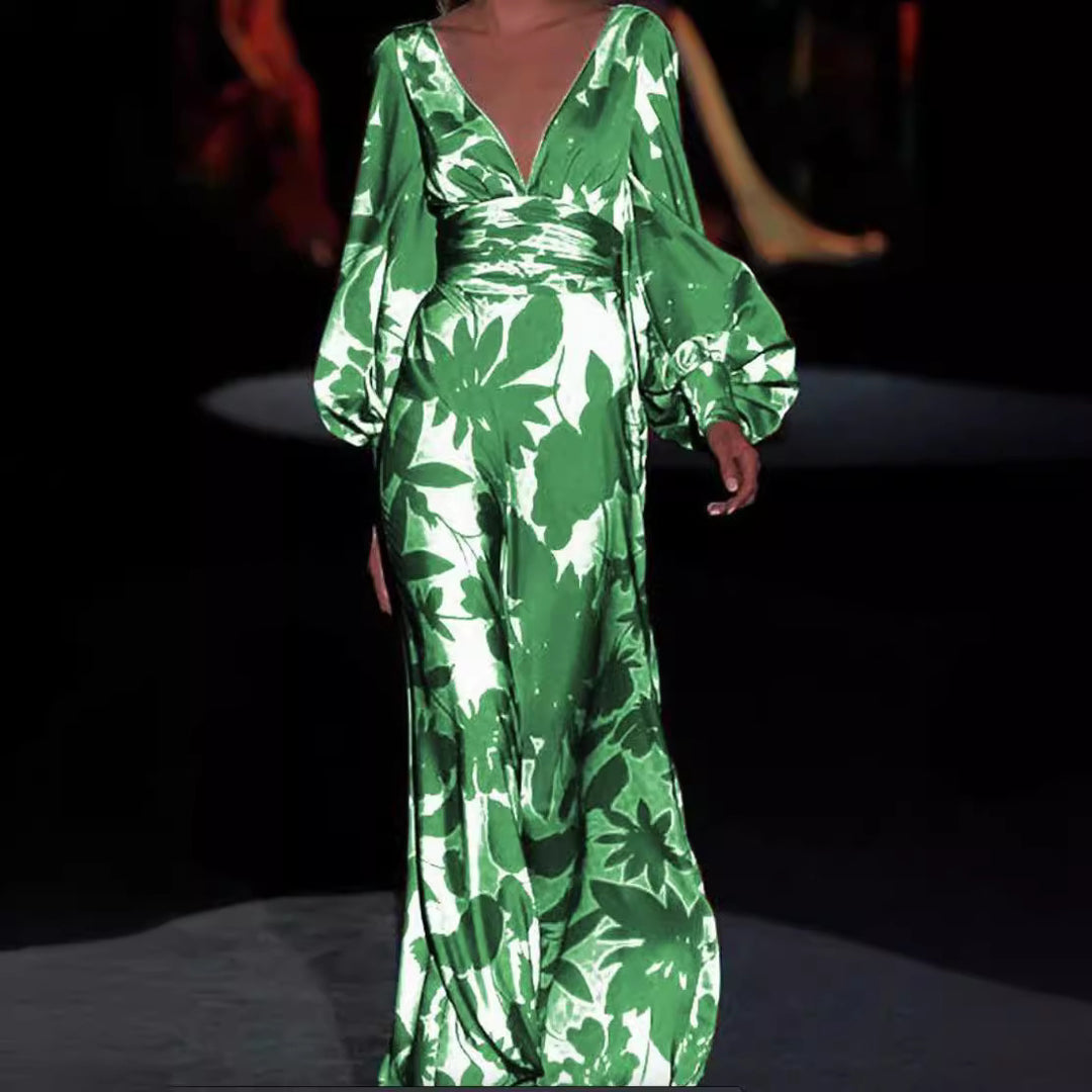 Damen Elegantes Maxi-Jumpsuit mit floralen Mustern und tiefem V-Ausschnitt Drune