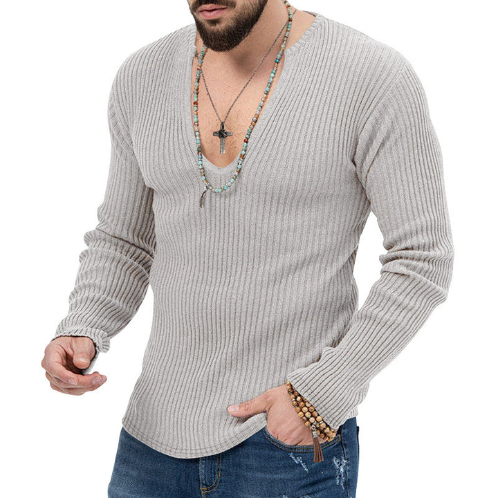 Herren Langarm-Rippenpullover mit tiefem V-Ausschnitt und modernem Schnitt Drune