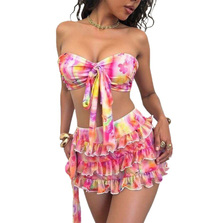 Damen Bandeau-Bikini-Set mit Rüschen und Wickeltuch Drune