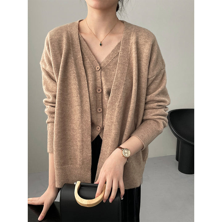 Damen gestrickte Cardigan mit V-Ausschnitt und Knopfdetails Drune