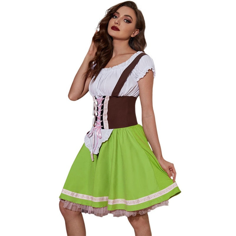 Damen nan Trachten-Festkleid mit figurbetonter Korsett-Schnürung, geraffter Carmenbluse und mehrlagigem Tellerrock Drune