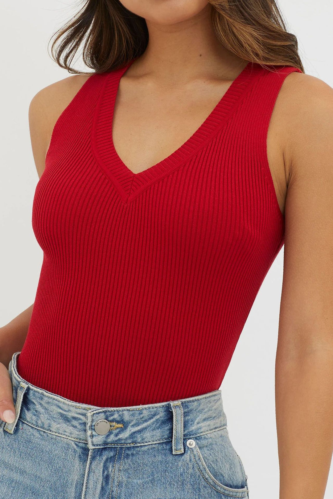 Damen figurbetontes V-Ausschnitt Rippenshirt Drune