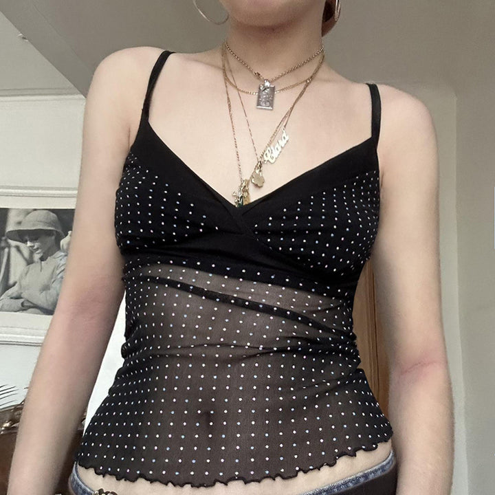 Damen Verspieltes Spaghetti-Trägertop mit transparenten Akzenten und Punkten Drune