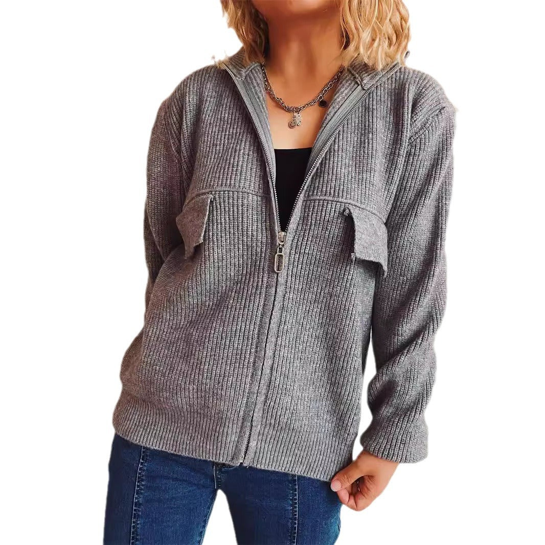 Damen lässige Strickjacke mit praktischen Taschen und hohem Kragen Drune