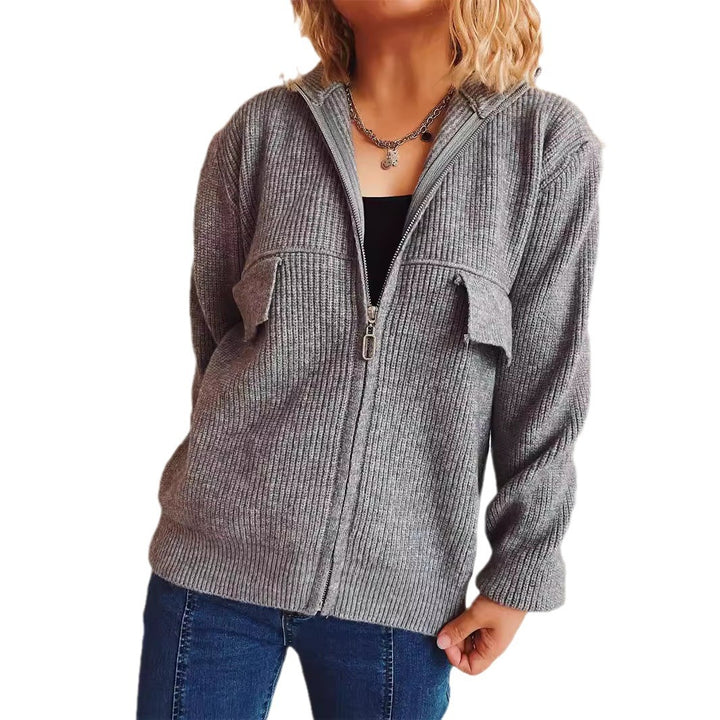 Damen lässige Strickjacke mit praktischen Taschen und hohem Kragen Drune