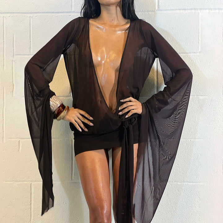 Damen Transparente Strandcover-Up mit tiefem V-Ausschnitt und eleganten Puffärmeln Drune