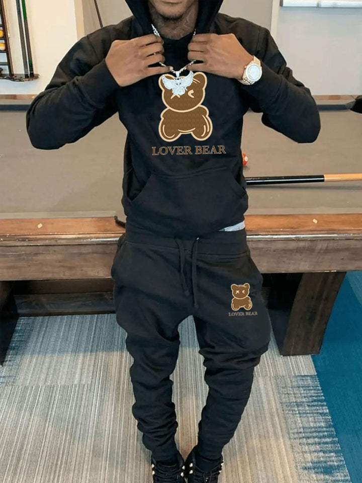 Herren Kapuzenpullover und Jogginghose Set mit klarem Bärenmotiv Drune
