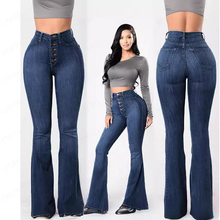 Damen nan hochgeschnittene Bootcut-Jeans mit sichtbarer Knopfleiste, figurformendem Stretch und schlankem Oberschenkel Drune