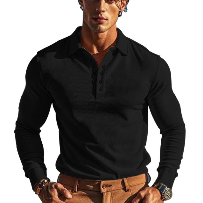 Herren nan körperbetontes Langarm-Henley-Poloshirt aus feiner Rippenstruktur Drune