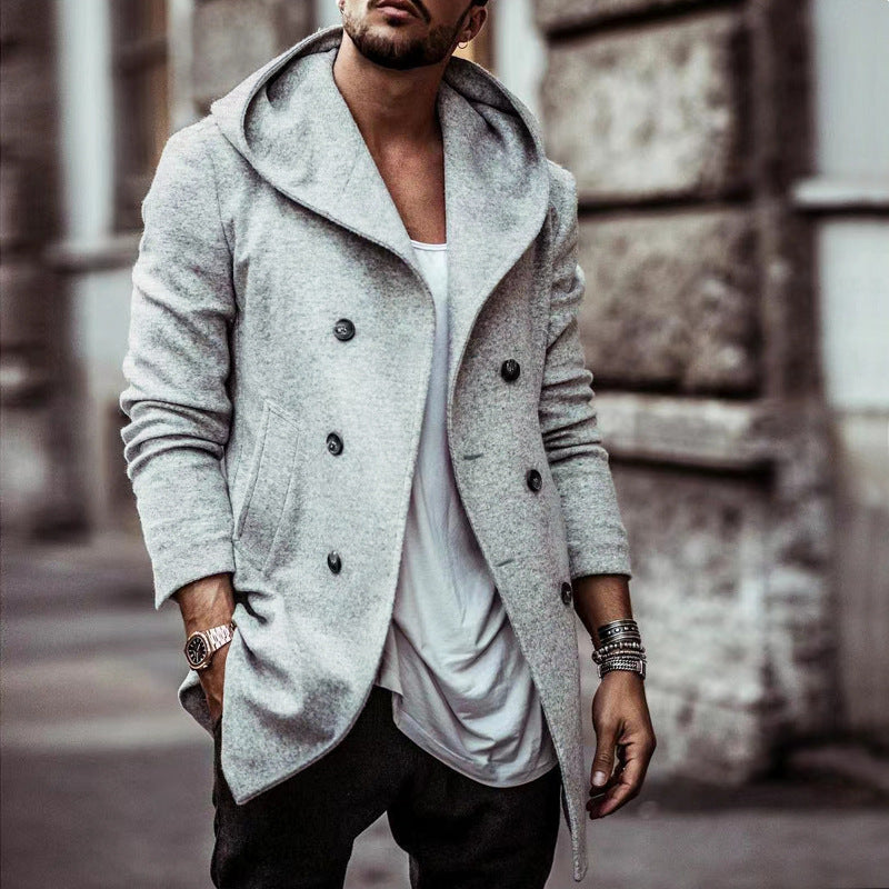 Herren stylischer Hoodie-Mantel mit doppelter Knopfreihe und weitem Kragen Drune