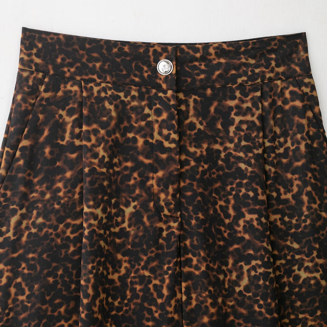 Damen Weit geschnittene Leoprint-Hose mit elastischem Bund und hohen Taschen Drune