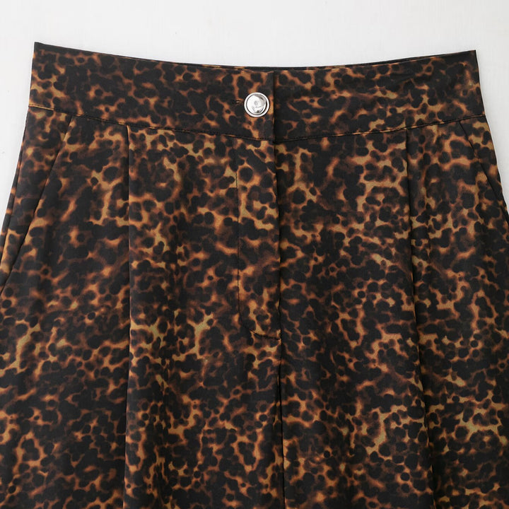 Damen Weit geschnittene Leoprint-Hose mit elastischem Bund und hohen Taschen Drune