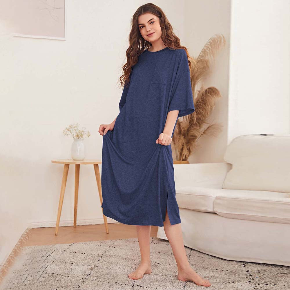 Damen lässiges Nachtkleid mit seitlichen Schlitzen und praktischer Brusttasche Drune