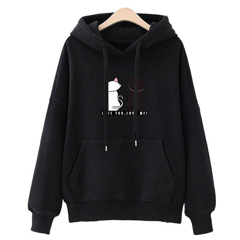 Damen Kapuzenpullover mit niedlichem Katzenmotiv und Kängurutasche Drune
