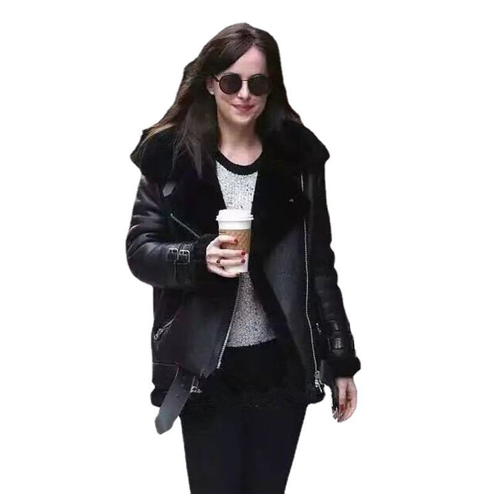 Damen Kunstleder Bikerjacke mit Plüschkragen und verstellbaren Riemen Drune