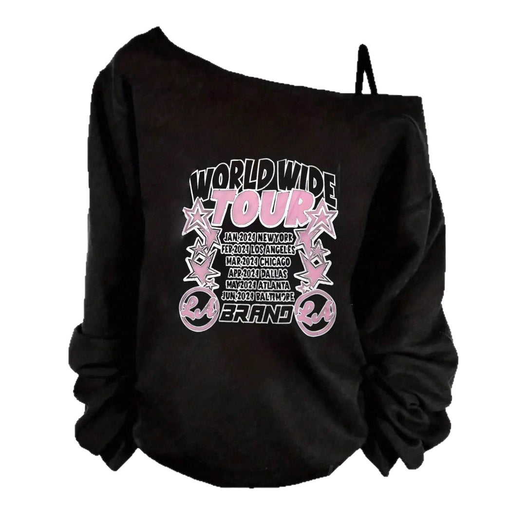 Damen nan asymmetrisches Off-Shoulder Sweatshirt mit Tour-Print und oversized Passform Drune